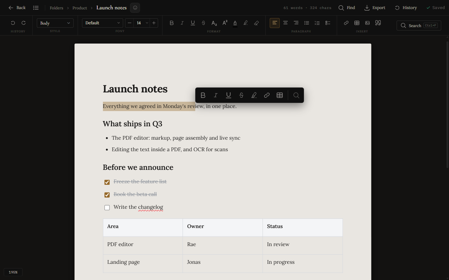 The Nibo document editor in the Gold theme: a warm A4 page titled 'Launch notes' with headings, a checklist and a table, a captioned ribbon above it and a small formatting bar floating over the selected line.