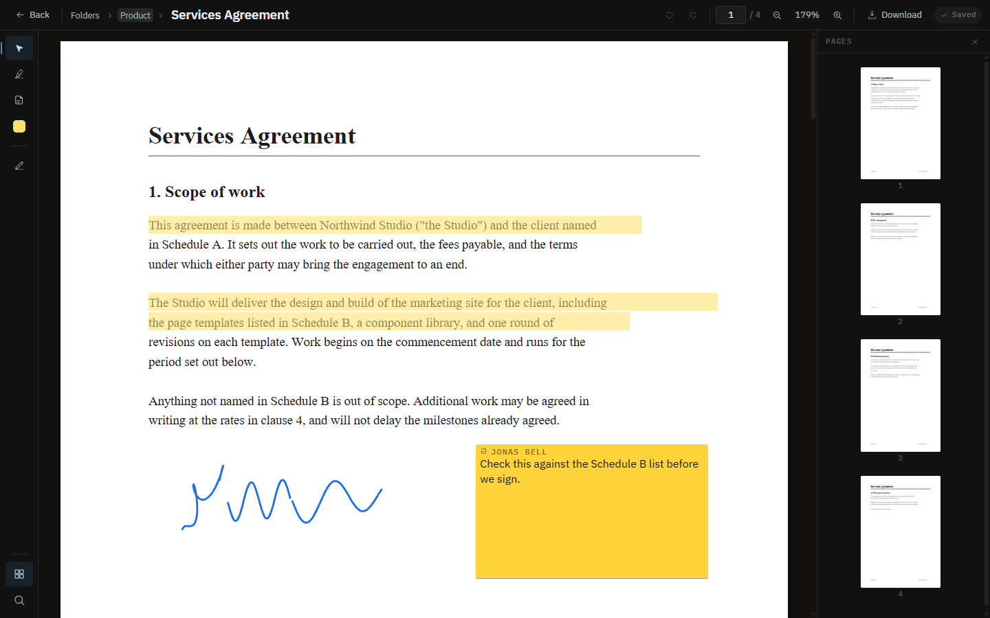 A four-page Services Agreement open in Nibo: two passages of clause 1 highlighted in yellow, a signature inked below the text, a teammate's sticky note reading "Check this against the Schedule B list before we sign", the annotation tools down the left edge and the four page thumbnails stacked on the right.